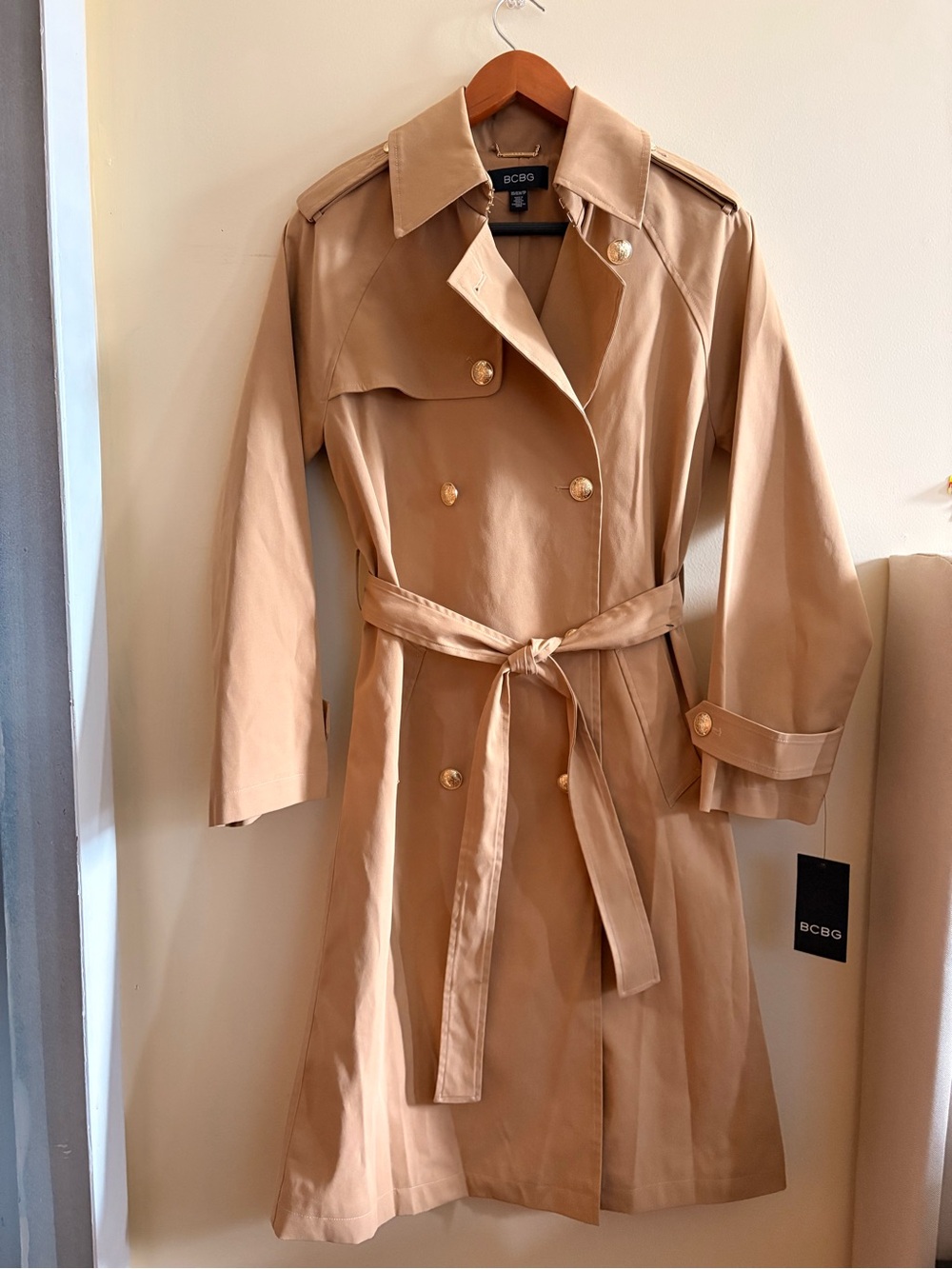 BCBG Camel Trench Coat with Belt and Gold Buttons